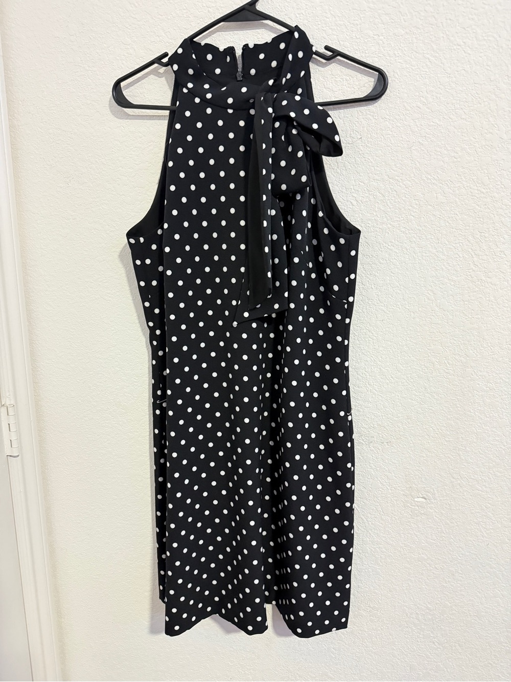 Vince Camuto Black and White Polka Dot Tie-Neck Midi Dress